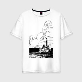 Женская футболка хлопок Oversize с принтом Муми-тролль в Санкт-Петербурге, 100% хлопок | свободный крой, круглый ворот, спущенный рукав, длина до линии бедер
 | маяк | море | муми тролль | скалы