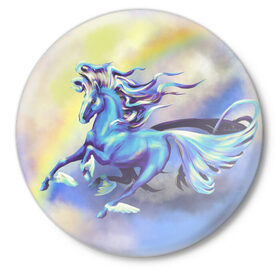 Значок с принтом Ветер в облаках в Санкт-Петербурге,  металл | круглая форма, металлическая застежка в виде булавки | flying | horse | rainbow | крылья | лошадь | облака | полет