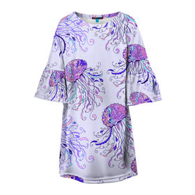Детское платье 3D с принтом Узор Медуза в Санкт-Петербурге, 100% полиэстер | прямой силуэт, чуть расширенный к низу. Круглая горловина, на рукавах — воланы | Тематика изображения на принте: завитушки | медуза | море | морской | паттерн | розовый | узор | фиолетовый
