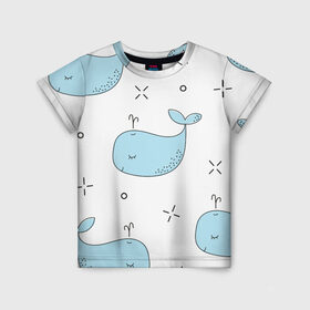 Детская футболка 3D с принтом Маленькие киты в Санкт-Петербурге, 100% гипоаллергенный полиэфир | прямой крой, круглый вырез горловины, длина до линии бедер, чуть спущенное плечо, ткань немного тянется | детский | кит | маленький | море | морской | прикольный | рисунок | рыбы | скетч