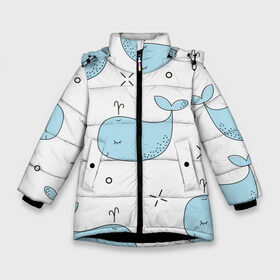 Зимняя куртка для девочек 3D с принтом Маленькие киты в Санкт-Петербурге, ткань верха — 100% полиэстер; подклад — 100% полиэстер, утеплитель — 100% полиэстер. | длина ниже бедра, удлиненная спинка, воротник стойка и отстегивающийся капюшон. Есть боковые карманы с листочкой на кнопках, утяжки по низу изделия и внутренний карман на молнии. 

Предусмотрены светоотражающий принт на спинке, радужный светоотражающий элемент на пуллере молнии и на резинке для утяжки. | детский | кит | маленький | море | морской | прикольный | рисунок | рыбы | скетч