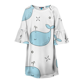 Детское платье 3D с принтом Маленькие киты в Санкт-Петербурге, 100% полиэстер | прямой силуэт, чуть расширенный к низу. Круглая горловина, на рукавах — воланы | детский | кит | маленький | море | морской | прикольный | рисунок | рыбы | скетч