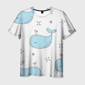 Мужская футболка 3D с принтом Маленькие киты в Санкт-Петербурге, 100% полиэфир | прямой крой, круглый вырез горловины, длина до линии бедер | Тематика изображения на принте: детский | кит | маленький | море | морской | прикольный | рисунок | рыбы | скетч