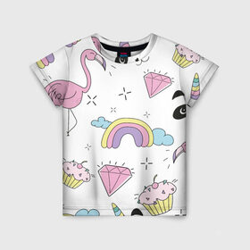 Детская футболка 3D с принтом Кавайный розовый узор в Санкт-Петербурге, 100% гипоаллергенный полиэфир | прямой крой, круглый вырез горловины, длина до линии бедер, чуть спущенное плечо, ткань немного тянется | бриллиант | детский | кавайный | капкейк | панда | паттерн | радуга | розовый | узор | фламинго