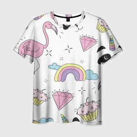 Мужская футболка 3D с принтом Кавайный розовый узор в Санкт-Петербурге, 100% полиэфир | прямой крой, круглый вырез горловины, длина до линии бедер | Тематика изображения на принте: бриллиант | детский | кавайный | капкейк | панда | паттерн | радуга | розовый | узор | фламинго