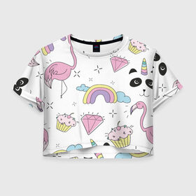 Женская футболка Crop-top 3D с принтом Кавайный розовый узор в Санкт-Петербурге, 100% полиэстер | круглая горловина, длина футболки до линии талии, рукава с отворотами | бриллиант | детский | кавайный | капкейк | панда | паттерн | радуга | розовый | узор | фламинго