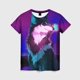 Женская футболка 3D с принтом Сказочный волк в Санкт-Петербурге, 100% полиэфир ( синтетическое хлопкоподобное полотно) | прямой крой, круглый вырез горловины, длина до линии бедер | wolf | бабочка | волк | волки | волшебный волк | животные | звери | магический волк
