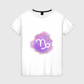 Женская футболка хлопок с принтом Козерог - космос в Санкт-Петербурге, 100% хлопок | прямой крой, круглый вырез горловины, длина до линии бедер, слегка спущенное плечо | восточный | знак | знак зодиака | зодиак | козерог | космос | небо | подарок | фиолетовый
