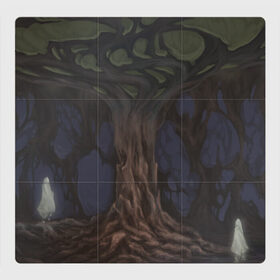 Магнитный плакат 3Х3 с принтом Встреча у дерева в Санкт-Петербурге, Полимерный материал с магнитным слоем | 9 деталей размером 9*9 см | cave | fantasy | forest | ghost | glow | myth | people | person | roots | stones | tree | water | вода | дерево | камни | корни | лес | люди | миф | пещера | призрак | свечение | фэнтези | человек