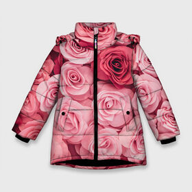 Зимняя куртка для девочек 3D с принтом Розовые Розы в Санкт-Петербурге, ткань верха — 100% полиэстер; подклад — 100% полиэстер, утеплитель — 100% полиэстер. | длина ниже бедра, удлиненная спинка, воротник стойка и отстегивающийся капюшон. Есть боковые карманы с листочкой на кнопках, утяжки по низу изделия и внутренний карман на молнии. 

Предусмотрены светоотражающий принт на спинке, радужный светоотражающий элемент на пуллере молнии и на резинке для утяжки. | pink | rose | день святого валентина | красивый | любовь | прекрасный | роза | цветок | цветы
