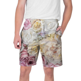Мужские шорты 3D с принтом Нежные Цветы в Санкт-Петербурге,  полиэстер 100% | прямой крой, два кармана без застежек по бокам. Мягкая трикотажная резинка на поясе, внутри которой широкие завязки. Длина чуть выше колен | белый | розовый | розы | сирень | цветок