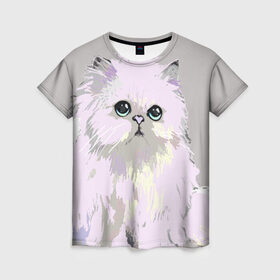 Женская футболка 3D с принтом Пушистый милый кот с грустным взглядом в Санкт-Петербурге, 100% полиэфир ( синтетическое хлопкоподобное полотно) | прямой крой, круглый вырез горловины, длина до линии бедер | забавно | котята | няшно | цитата