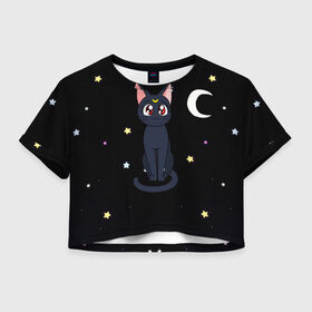 Женская футболка Crop-top 3D с принтом Луна в Санкт-Петербурге, 100% полиэстер | круглая горловина, длина футболки до линии талии, рукава с отворотами | sailor moon. кот луна | кот | кошка | луна | сейлор мун | сейлормун