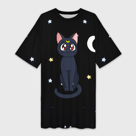Платье-футболка 3D с принтом Луна в Санкт-Петербурге,  |  | sailor moon. кот луна | кот | кошка | луна | сейлор мун | сейлормун