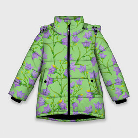 Зимняя куртка для девочек 3D с принтом Колокольчики на зеленом фоне в Санкт-Петербурге, ткань верха — 100% полиэстер; подклад — 100% полиэстер, утеплитель — 100% полиэстер. | длина ниже бедра, удлиненная спинка, воротник стойка и отстегивающийся капюшон. Есть боковые карманы с листочкой на кнопках, утяжки по низу изделия и внутренний карман на молнии. 

Предусмотрены светоотражающий принт на спинке, радужный светоотражающий элемент на пуллере молнии и на резинке для утяжки. | 8 марта | flowers | summer | зеленый | колокольчики | лето | праздник | природа | растения | фиолетовый | цветы