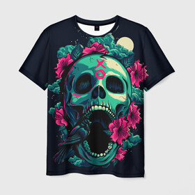 Мужская футболка 3D с принтом Череп с Цветами в Санкт-Петербурге, 100% полиэфир | прямой крой, круглый вырез горловины, длина до линии бедер | skulls | xo | букет | градиент | животные | луна | мозги | полосы | природа | птицы | розы | скелет | текстура | узор | хо | цветы | черепа | черный | яркий