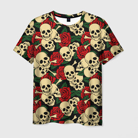 Мужская футболка 3D с принтом Черепки с Розами в Санкт-Петербурге, 100% полиэфир | прямой крой, круглый вырез горловины, длина до линии бедер | skulls | xo | букет | градиент | животные | кости | мозги | паттерн | полосы | природа | розы | скелет | текстура | узор | хо | цветы | черепа | черный | яркий