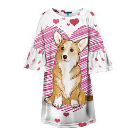 Детское платье 3D с принтом Корги в Санкт-Петербурге, 100% полиэстер | прямой силуэт, чуть расширенный к низу. Круглая горловина, на рукавах — воланы | Тематика изображения на принте: dog | для девушек | дог | животные | корги | пес | розовый | сердечки | собака