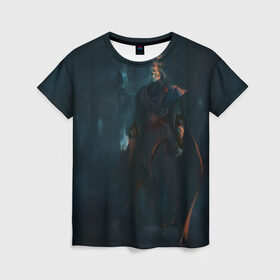 Женская футболка 3D с принтом Лич - некромант в Санкт-Петербурге, 100% полиэфир ( синтетическое хлопкоподобное полотно) | прямой крой, круглый вырез горловины, длина до линии бедер | духи | зло | лес | лич | магия | некромант | привидения | призраки | серп | череп