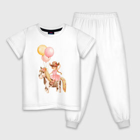 Детская пижама хлопок с принтом Девочка-ковбой в Санкт-Петербурге, 100% хлопок |  брюки и футболка прямого кроя, без карманов, на брюках мягкая резинка на поясе и по низу штанин
 | девочка | день рождения | ковбой | конь | лошадь | няшность | шарики