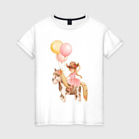 Женская футболка хлопок с принтом Девочка-ковбой в Санкт-Петербурге, 100% хлопок | прямой крой, круглый вырез горловины, длина до линии бедер, слегка спущенное плечо | девочка | день рождения | ковбой | конь | лошадь | няшность | шарики