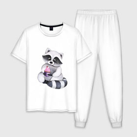 Мужская пижама хлопок с принтом Енотик в Санкт-Петербурге, 100% хлопок | брюки и футболка прямого кроя, без карманов, на брюках мягкая резинка на поясе и по низу штанин
 | енот | енотик | животные | милота | милые иллюстрации | парные футболки