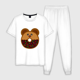 Мужская пижама хлопок с принтом Пончик - мишка в Санкт-Петербурге, 100% хлопок | брюки и футболка прямого кроя, без карманов, на брюках мягкая резинка на поясе и по низу штанин
 | еда | кекс | мишка | пирог | пончик | сладости | шоколад