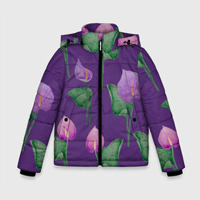 Зимняя куртка для мальчиков 3D с принтом Антуриумы на фиолетовом фоне в Санкт-Петербурге, ткань верха — 100% полиэстер; подклад — 100% полиэстер, утеплитель — 100% полиэстер | длина ниже бедра, удлиненная спинка, воротник стойка и отстегивающийся капюшон. Есть боковые карманы с листочкой на кнопках, утяжки по низу изделия и внутренний карман на молнии. 

Предусмотрены светоотражающий принт на спинке, радужный светоотражающий элемент на пуллере молнии и на резинке для утяжки | Тематика изображения на принте: 8 марта | flowers | summer | антуриумы | весна | зеленый | лето | листья | праздник | природа | растения | фиолетовый | цветы