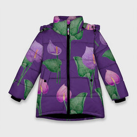 Зимняя куртка для девочек 3D с принтом Антуриумы на фиолетовом фоне в Санкт-Петербурге, ткань верха — 100% полиэстер; подклад — 100% полиэстер, утеплитель — 100% полиэстер. | длина ниже бедра, удлиненная спинка, воротник стойка и отстегивающийся капюшон. Есть боковые карманы с листочкой на кнопках, утяжки по низу изделия и внутренний карман на молнии. 

Предусмотрены светоотражающий принт на спинке, радужный светоотражающий элемент на пуллере молнии и на резинке для утяжки. | 8 марта | flowers | summer | антуриумы | весна | зеленый | лето | листья | праздник | природа | растения | фиолетовый | цветы