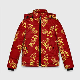 Зимняя куртка для мальчиков 3D с принтом Золотые веточки на красном в Санкт-Петербурге, ткань верха — 100% полиэстер; подклад — 100% полиэстер, утеплитель — 100% полиэстер | длина ниже бедра, удлиненная спинка, воротник стойка и отстегивающийся капюшон. Есть боковые карманы с листочкой на кнопках, утяжки по низу изделия и внутренний карман на молнии. 

Предусмотрены светоотражающий принт на спинке, радужный светоотражающий элемент на пуллере молнии и на резинке для утяжки | 8 марта | flowers | summer | весна | веточки | золотой | лето | праздник | природа | растения | узор