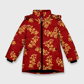 Зимняя куртка для девочек 3D с принтом Золотые веточки на красном в Санкт-Петербурге, ткань верха — 100% полиэстер; подклад — 100% полиэстер, утеплитель — 100% полиэстер. | длина ниже бедра, удлиненная спинка, воротник стойка и отстегивающийся капюшон. Есть боковые карманы с листочкой на кнопках, утяжки по низу изделия и внутренний карман на молнии. 

Предусмотрены светоотражающий принт на спинке, радужный светоотражающий элемент на пуллере молнии и на резинке для утяжки. | 8 марта | flowers | summer | весна | веточки | золотой | лето | праздник | природа | растения | узор