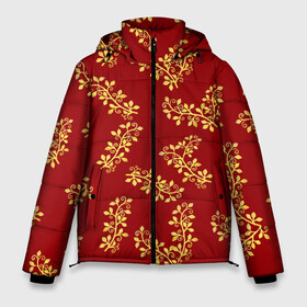 Мужская зимняя куртка 3D с принтом Золотые веточки на красном в Санкт-Петербурге, верх — 100% полиэстер; подкладка — 100% полиэстер; утеплитель — 100% полиэстер | длина ниже бедра, свободный силуэт Оверсайз. Есть воротник-стойка, отстегивающийся капюшон и ветрозащитная планка. 

Боковые карманы с листочкой на кнопках и внутренний карман на молнии. | Тематика изображения на принте: 8 марта | flowers | summer | весна | веточки | золотой | лето | праздник | природа | растения | узор