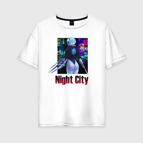 Женская футболка хлопок Oversize с принтом Night City Nier automata в Санкт-Петербурге, 100% хлопок | свободный крой, круглый ворот, спущенный рукав, длина до линии бедер
 | armband. | girl | samurai | weapon | девушка | оружие | повязка | самурай