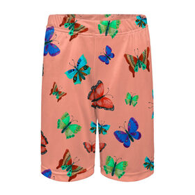 Детские спортивные шорты 3D с принтом Бабочки на персиковом фоне в Санкт-Петербурге,  100% полиэстер
 | пояс оформлен широкой мягкой резинкой, ткань тянется
 | 8 марта | butterflies | summer | бабочки | весна | зеленый | красный | лето | насекомые | праздник | природа | синий