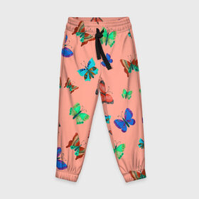 Детские брюки 3D с принтом Бабочки на персиковом фоне в Санкт-Петербурге, 100% полиэстер | манжеты по низу, эластичный пояс регулируется шнурком, по бокам два кармана без застежек, внутренняя часть кармана из мелкой сетки | 8 марта | butterflies | summer | бабочки | весна | зеленый | красный | лето | насекомые | праздник | природа | синий