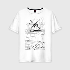 Женская футболка хлопок Oversize с принтом Мельница в Санкт-Петербурге, 100% хлопок | свободный крой, круглый ворот, спущенный рукав, длина до линии бедер
 | долина | кот | мельница | поля | тропинка