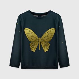 Детский лонгслив 3D с принтом Butterfly в Санкт-Петербурге, 100% полиэстер | длинные рукава, круглый вырез горловины, полуприлегающий силуэт
 | бабочка | геомеирический | золотой | темный фон