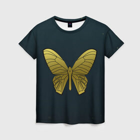 Женская футболка 3D с принтом Butterfly в Санкт-Петербурге, 100% полиэфир ( синтетическое хлопкоподобное полотно) | прямой крой, круглый вырез горловины, длина до линии бедер | бабочка | геомеирический | золотой | темный фон