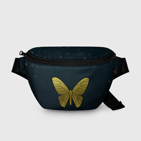 Поясная сумка 3D с принтом Butterfly в Санкт-Петербурге, 100% полиэстер | плотная ткань, ремень с регулируемой длиной, внутри несколько карманов для мелочей, основное отделение и карман с обратной стороны сумки застегиваются на молнию | бабочка | геомеирический | золотой | темный фон