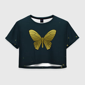 Женская футболка Crop-top 3D с принтом Butterfly в Санкт-Петербурге, 100% полиэстер | круглая горловина, длина футболки до линии талии, рукава с отворотами | бабочка | геомеирический | золотой | темный фон
