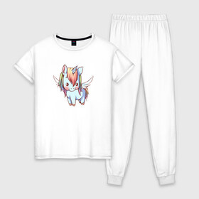 Женская пижама хлопок с принтом Cute Unicorn в Санкт-Петербурге, 100% хлопок | брюки и футболка прямого кроя, без карманов, на брюках мягкая резинка на поясе и по низу штанин | единорог | единорожик | единорожка | милый | радуга | сказочный | хороший