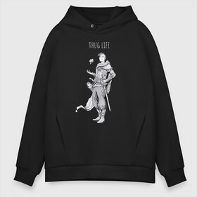 Мужское худи Oversize хлопок с принтом Thug life black в Санкт-Петербурге, френч-терри — 70% хлопок, 30% полиэстер. Мягкий теплый начес внутри —100% хлопок | боковые карманы, эластичные манжеты и нижняя кромка, капюшон на магнитной кнопке | adventurer | fantasy | medival | thief | thug | вор | головорез | приключенец | средневековье | фэнтэзи