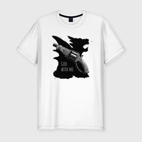 Мужская футболка хлопок Slim с принтом Bless and save в Санкт-Петербурге, 92% хлопок, 8% лайкра | приталенный силуэт, круглый вырез ворота, длина до линии бедра, короткий рукав | fantasy | gun | hunter | weapon | оружие | охотник | пистолет | фэнтэзи