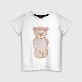 Детская футболка хлопок с принтом Мишка в платьишке в Санкт-Петербурге, 100% хлопок | круглый вырез горловины, полуприлегающий силуэт, длина до линии бедер | Тематика изображения на принте: акварель | девушке | карандашом | косолапый | медведь