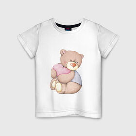 Детская футболка хлопок с принтом Мишка с сердечком в Санкт-Петербурге, 100% хлопок | круглый вырез горловины, полуприлегающий силуэт, длина до линии бедер | Тематика изображения на принте: акварель | карандашом | косолапый | медведь | сердечки