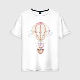 Женская футболка хлопок Oversize с принтом Единорожка в Санкт-Петербурге, 100% хлопок | свободный крой, круглый ворот, спущенный рукав, длина до линии бедер
 | Тематика изображения на принте: акварель | единорог | карандаши | нежность | шар воздушный