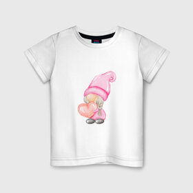Детская футболка хлопок с принтом Гномик-девочка в Санкт-Петербурге, 100% хлопок | круглый вырез горловины, полуприлегающий силуэт, длина до линии бедер | влюбленные | гномик | день валентина | парные | парочки | розовый | сердечко | шарик