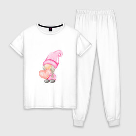 Женская пижама хлопок с принтом Гномик-девочка в Санкт-Петербурге, 100% хлопок | брюки и футболка прямого кроя, без карманов, на брюках мягкая резинка на поясе и по низу штанин | влюбленные | гномик | день валентина | парные | парочки | розовый | сердечко | шарик