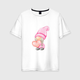 Женская футболка хлопок Oversize с принтом Гномик-девочка в Санкт-Петербурге, 100% хлопок | свободный крой, круглый ворот, спущенный рукав, длина до линии бедер
 | влюбленные | гномик | день валентина | парные | парочки | розовый | сердечко | шарик