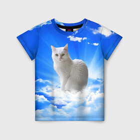 Детская футболка 3D с принтом Кот в облаках в Санкт-Петербурге, 100% гипоаллергенный полиэфир | прямой крой, круглый вырез горловины, длина до линии бедер, чуть спущенное плечо, ткань немного тянется | animals | cat | kitty | ангел | белый кот | блики | взгляд кота | глаза кота | животные | киска | кот | котейка | котенок | котик | кошак | кошка | лучи | мордочка | небесный | небо | облака | пейзаж | питомец